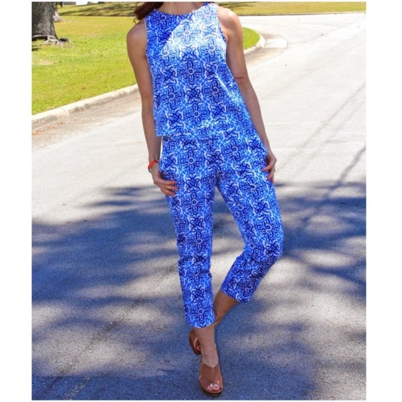 MILLY FOR DESIGNATION Capri Pants Sateen Midrise Summer Blue Tile Print Size 14 - Picture 5 of 7